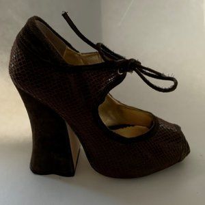 Zinc Dark Brown Glossy and Suede Chunky Heel Shoes